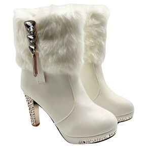 Elegant White Fur-Trimmed Embellished Ankle Boots with Heels